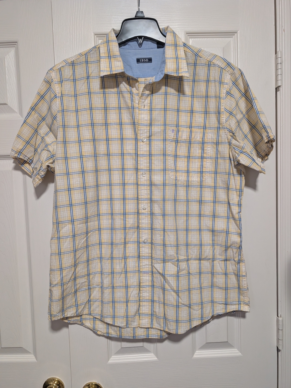Izod Yellow and Blue Plaid Short-Sleeve Button-Down Shirt
